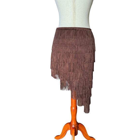 Hanna Schoenberg Brown Fringe Skirt Layered Asymmetrical Hem Festival Boho 4 - Picture 4 of 9